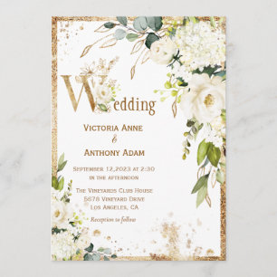 Weiße goldene Botanische Blütenhochzeit Einladung