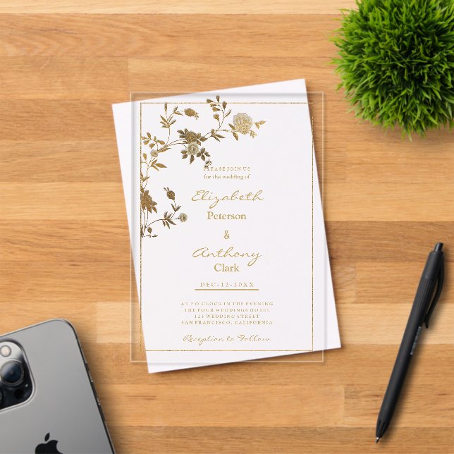Weiße goldene, elegante Blumen-Luxus Hochzeit Acryleinladungen (Insitu (Einladungskarte))