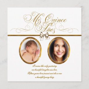 Weiße Goldene Foto Quinceanera Einladungen