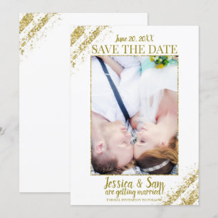 Weiße & Goldene Glitter-Foto-Save-the-Date-Hochzei Einladung