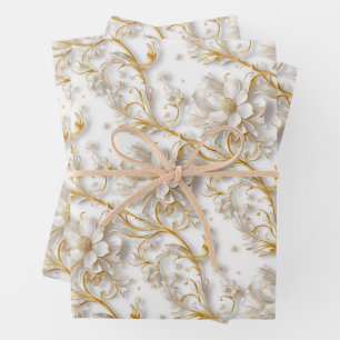 Weiße goldene Hochzeit Blumenmuster eleganter Somm Geschenkpapier Set