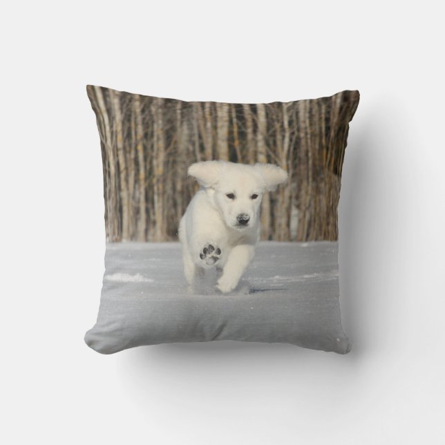 Weiße, goldene Retriever Welpe im Schnee Kissen (Vorderseite)