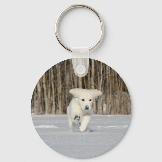 Weiße, goldene Retriever Welpe im Schnee Schlüsselanhänger (Vorderseite)