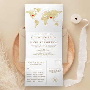 Weiße Goldene Weltkarte Alles in Einem Hochzeits- Dreifach Gefaltete Einladung