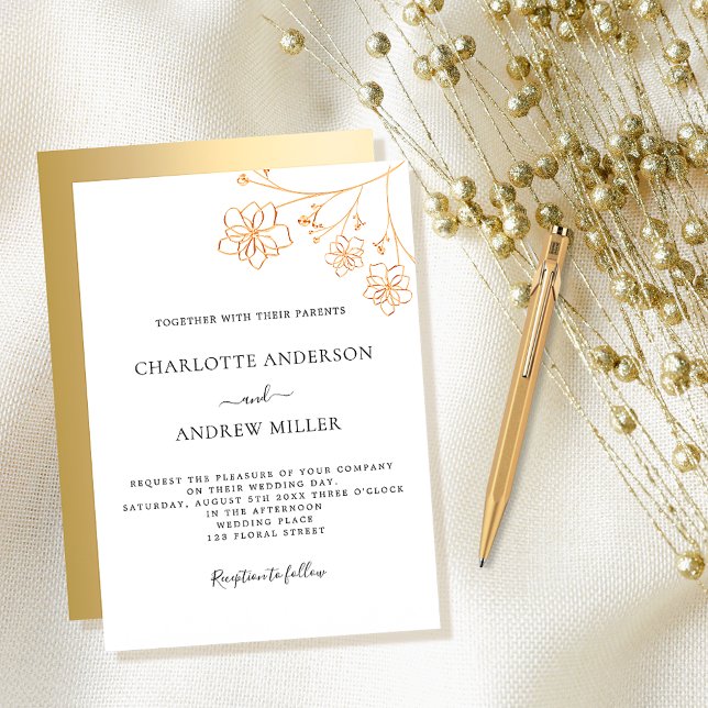 Weiße goldfarbene, elegante botanische Hochzeit Einladung (Von Creator hochgeladen)