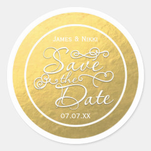 Weiße & Goldfolie SAVE THE DATE Hochzeitsaufkleber Runder Aufkleber