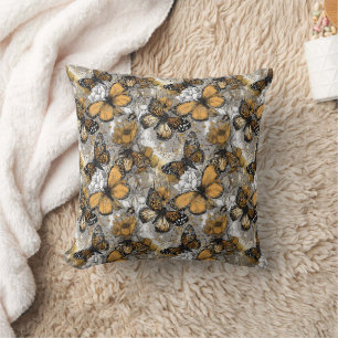 Weiße graue goldene elegante florale Monarchfalter Kissen
