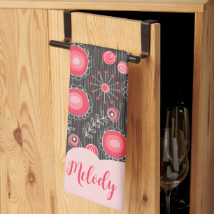 Weiße graue Herzen und Blume Blumenname Geschirrtuch