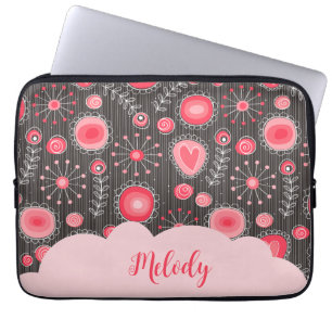 Weiße graue Herzen und Blume Blumenname Laptopschutzhülle