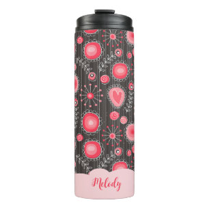 Weiße graue Herzen und Blume Blumenname Thermosbecher