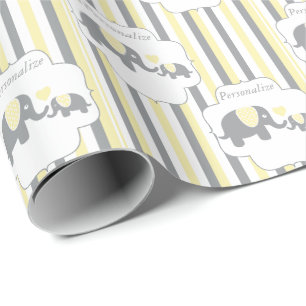 Weiße, graue u. gelbe Streifen-Elefant-Babyparty Geschenkpapier