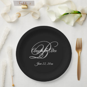 Weiße graue und schwarze elegante Monogramm-Hochze Pappteller