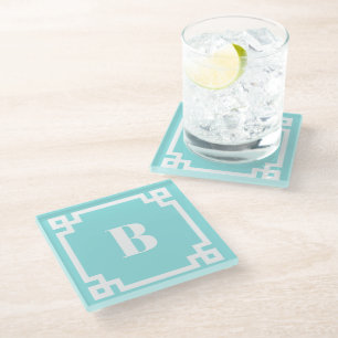 Weiße griechische Schlüsselbordüre Aqua Blau Monog Glasuntersetzer