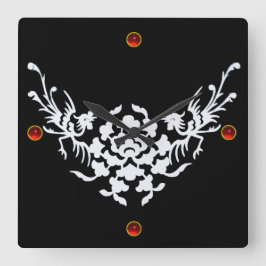 WEISSE GRIFFINEN UND BLUME, Red Ruby Gem Stone Quadratische Wanduhr