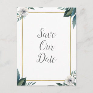 Weiße Grüne Blätter Anemone Floral Save The Date Ankündigungspostkarte