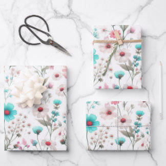 Weiße, grüne, blaue, braune, türkisfarbene Wildblu Geschenkpapier Set