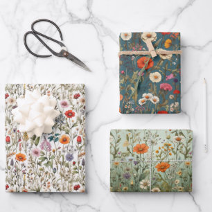 Weiße, grüne, blaue Wildblume Geschenkpapier Set