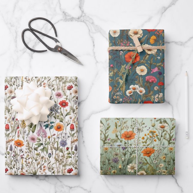 Weiße, grüne, blaue Wildblume Geschenkpapier Set (Vorderseite)