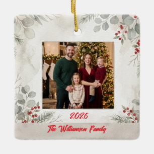 Weiße Grüne Familienfoto-Weihnachtskeramik Keramikornament