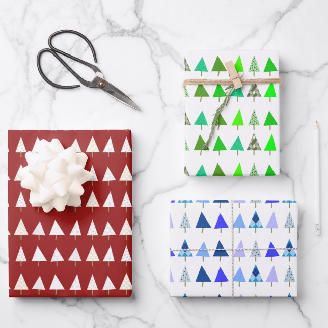 Weiße, grüne und blaue Weihnachtsbaumen Geschenkpapier Set (Vorderseite)