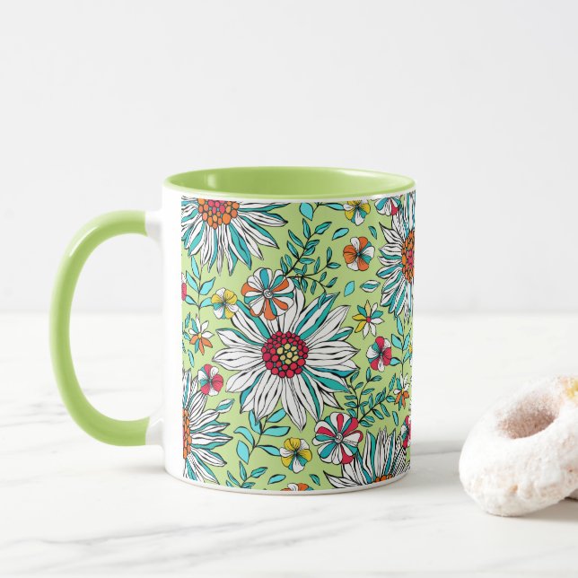 Weiße Grünpflanzen Gelborange Rote Daisy Blume Tasse (Mit Donut)