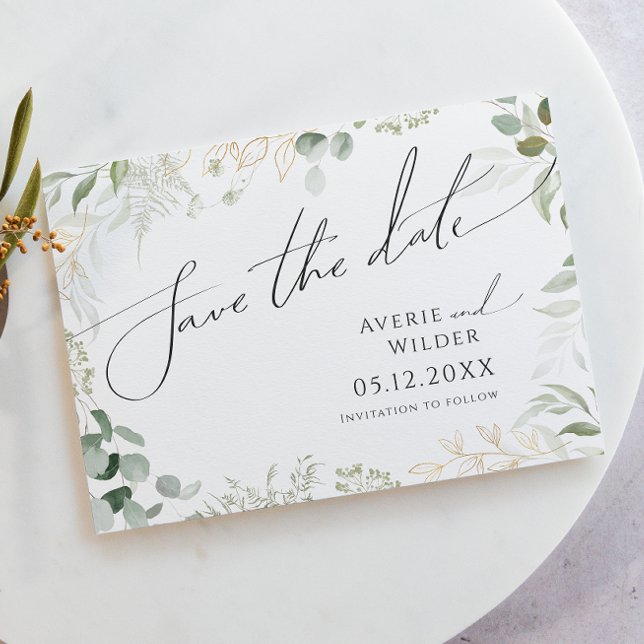 Weiße Grünpflanzen und Gold Horizontal Save The Date (Von Creator hochgeladen)
