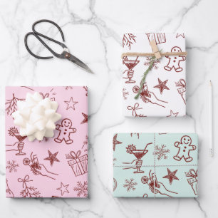 Weiße Hand gezeichnete Weihnachtsdoodles Muster Geschenkpapier Set