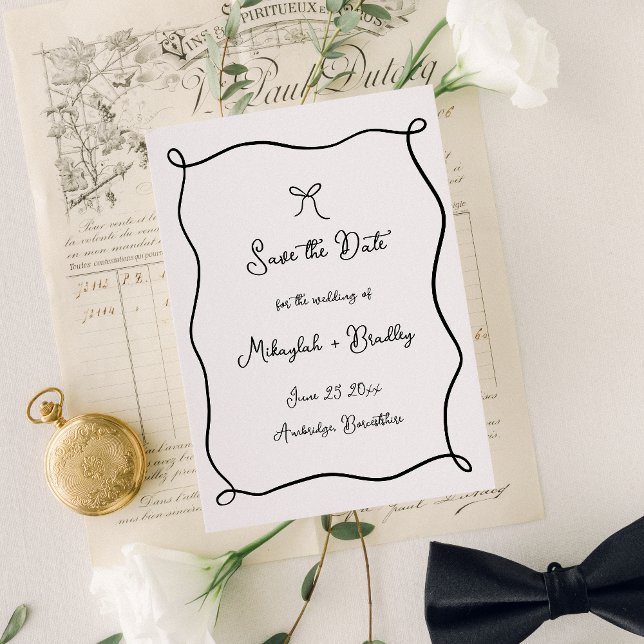Weiße, handgezogene, schwarz-weiße Hochzeit Save The Date (Von Creator hochgeladen)