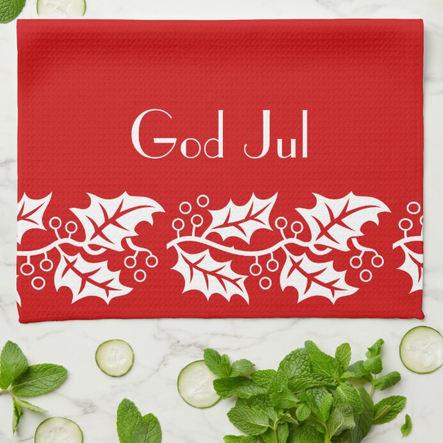 Weiße Heilige in rot - Gott Jul Geschirrtuch (Gefaltet)