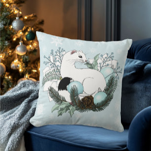 Weiße Hermelin Blaue Weihnachts-Schneeflocken  Kissen
