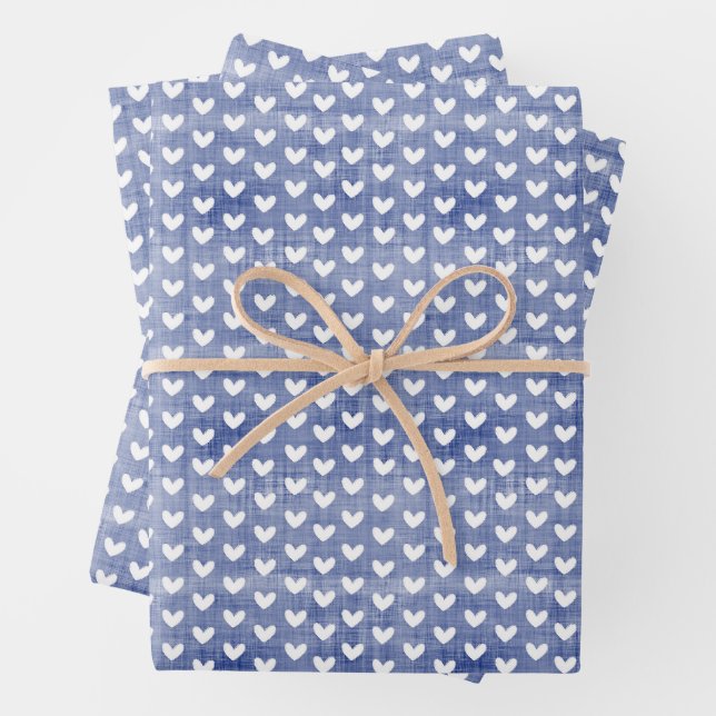 Weiße Herzen auf dunkelblauen Linen Geschenkpapier Set (Beispiel)