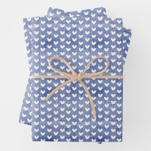 Weiße Herzen auf dunkelblauer Leinwand Geschenkpapier Set