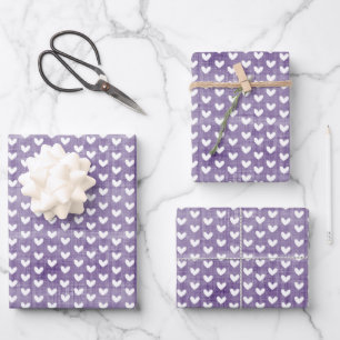 Weiße Herzen auf dunklen Lila Leinen Geschenkpapier Set
