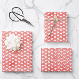 Weiße Herzen auf hellen roten Linen Geschenkpapier Set