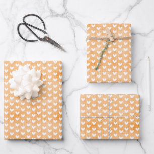 Weiße Herzen auf hellorangefarbenem Leinen Geschenkpapier Set