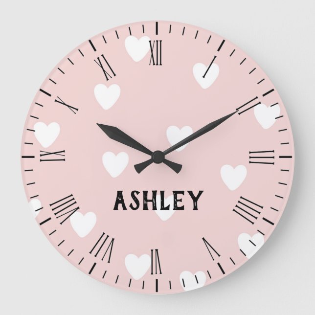 Weiße Herzen auf rosa Personalisierte Wall-Uhr  Große Wanduhr (Vorderseite)