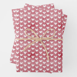 Weiße Herzen auf roten Linen Geschenkpapier Set