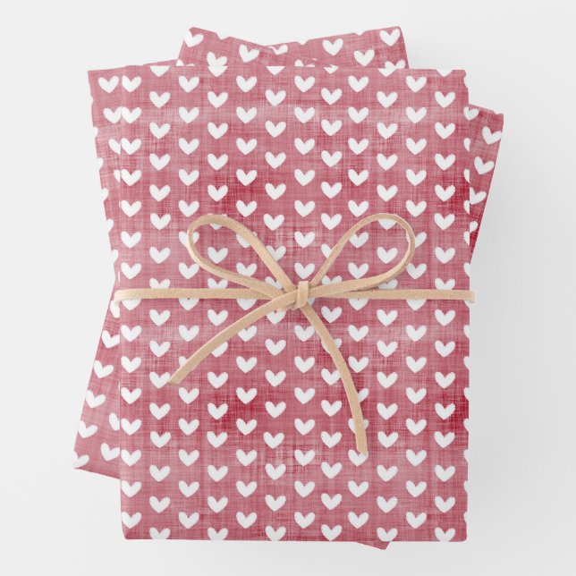 Weiße Herzen auf roten Linen Geschenkpapier Set (Beispiel)