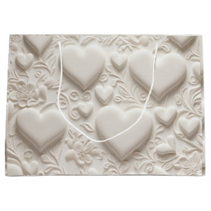Weiße Herzen (Embossed Look) Große Geschenktüte