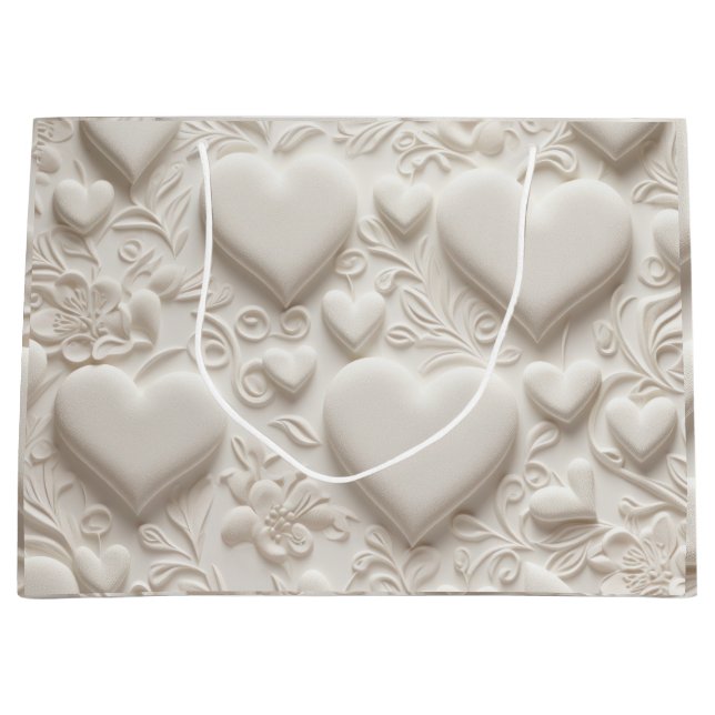Weiße Herzen (Embossed Look) Große Geschenktüte (Vorderseite)