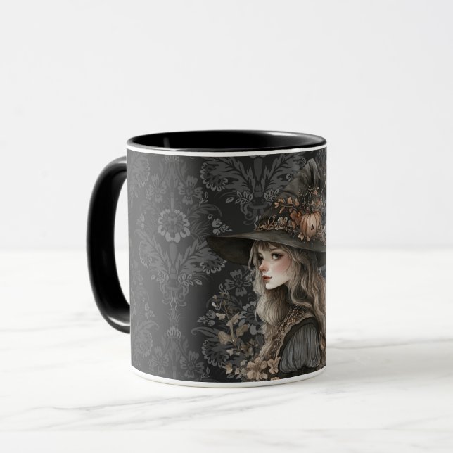 Weiße Hexe auf schwarzem Damast Tasse (Vorderseite Links)