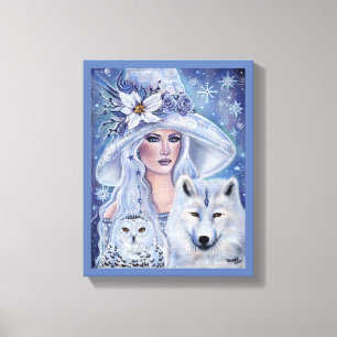 Weiße Hexe mit Wolf und Uhenkunst von Renee Lavoie Leinwanddruck