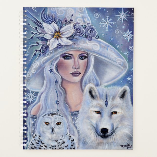 Weiße Hexe mit Wolf und Uhenkunst von Renee Lavoie Planer (Vorderseite)