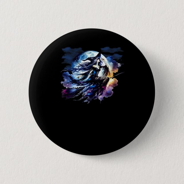 Weiße Hexe über Vollmond fliegen Frauen Kinder Button (Vorderseite)