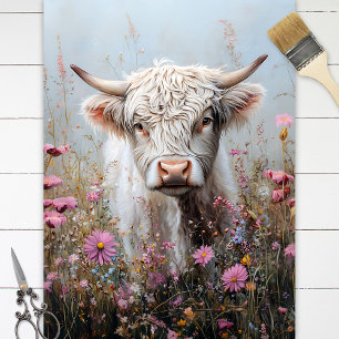 Weiße Highland-Kuh in einem Blumenfeld - Dekoupage Seidenpapier