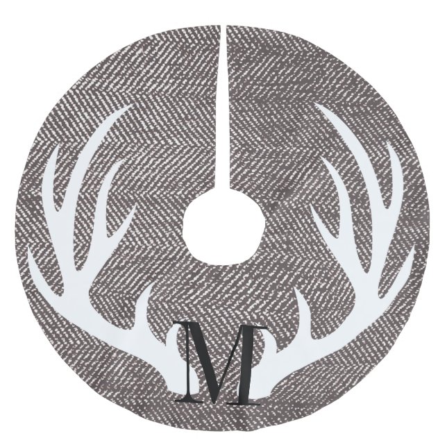 Weiße Hirschantler Brown Herringbone-Personalisier Polyester Weihnachtsbaumdecke (Vorderseite)