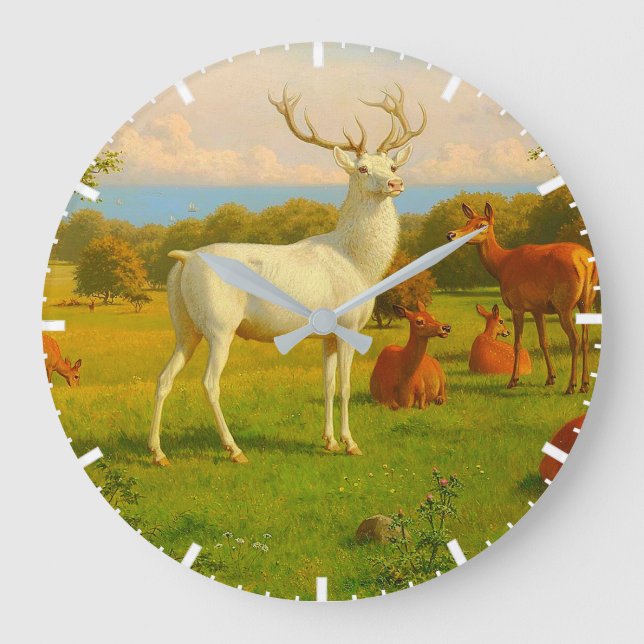 Weiße Hirsche im Freien Große Wanduhr (Vorderseite)