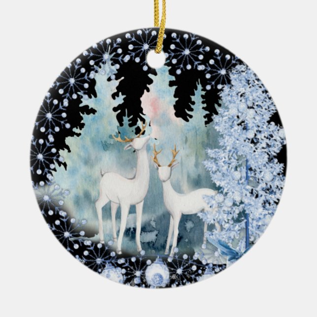 Weiße Hirsche im Schnee-Keramik-Ornament Keramik Ornament (Vorne)