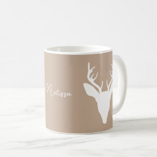 Weiße Hirsche Kopf Silhouette auf Beige & Individu Kaffeetasse