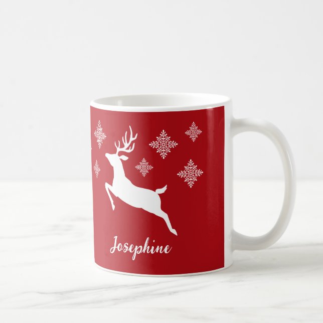 Weiße Hirschformen auf Rot mit Schneeflocken und N Kaffeetasse (Rechts)